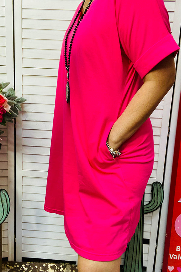 GJQ14591-1 Hot-pink women dress with short sleeve and v-neckline ...