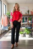 Western Pink & Floral printed & red color block women's boutique top GJQ14619 HS1