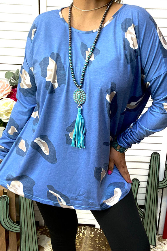 Blue leopard long sleeve women blouse GJQ14724