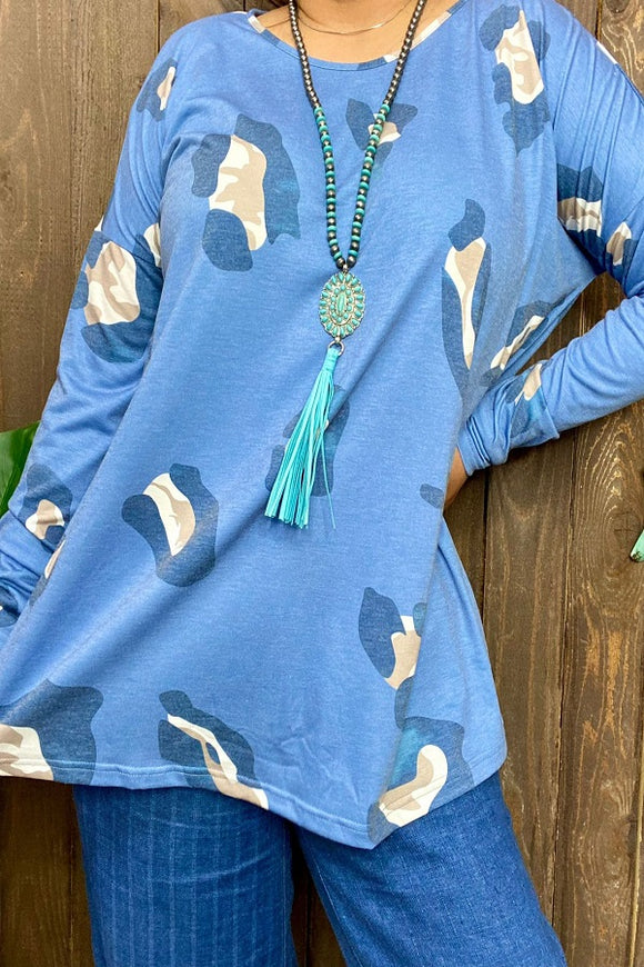 GJQ14924 blue leopard printed women blouse