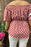 GJQ14796 Blush & White dot off shoulder ruffle sleeve women top