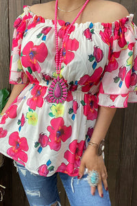 Women's clothing supplier Floral prints off shoulder top w/bell ruffle sleeves GJQ14797 CS10