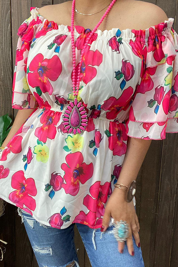 Women's clothing supplier Floral prints off shoulder top w/bell ruffle sleeves GJQ14797 CS10