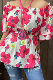 GJQ14797  Floral prints off shoulder women top w/bell ruffle sleeves CS10