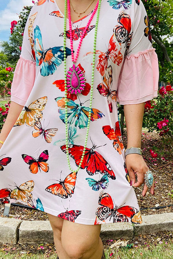GJQ14885 Multi color butterfly prints women dress with pink ruffle sleeves