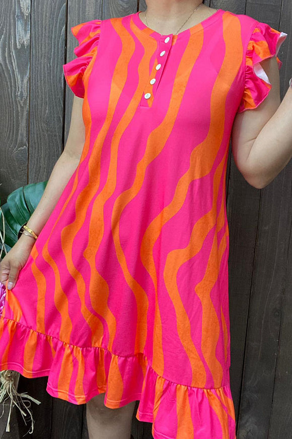 GJQ15029 Fuchsia & Orange printed women dress with ruffle trim/bottom