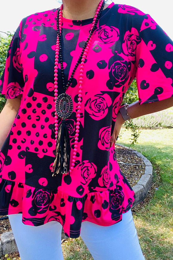 GJQ15123 Leopard & Rose printed neon pink & black short sleeve women top