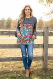 Western patterns & gray baby doll women's boutique blouse Southern Stitch GJQ15150