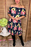 Floral printed black off shoulder short sleeve w/side pockets women dress GJQ15155 (A1S1)