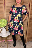 Floral printed black off shoulder short sleeve w/side pockets women dress GJQ15155 (A1S1)