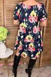 Floral printed black off shoulder short sleeve w/side pockets women dress GJQ15155 (A1S1)