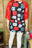 Women's clothing wholesale suppliers Floral printed red lace short sleeve tops GJQ15398