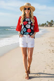 Chic floral print & red lace sleeve women's boutique tops GJQ15398 GS9
