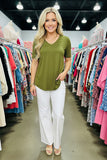 Western solid color green short sleeves women's boutique top w/v-neckline GJQ15508 ES7