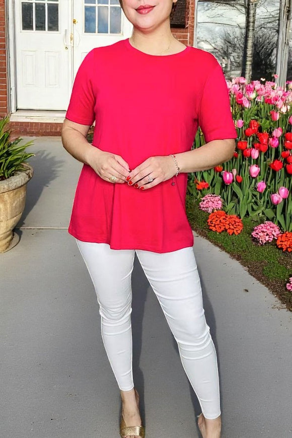 T-shirt wholesale Fuchsia solid color short sleeve women tops GJQ15567