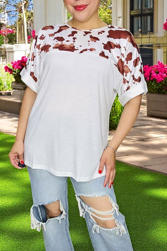Western t-shrit wholesale Brown cow prints & white w/short sleeves women top GJQ15594