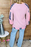 Knitted waffle pink & chiffon floral printed long sleeve women blouse GJQ15675 IS10