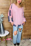 Knitted waffle pink & chiffon floral printed long sleeve women blouse GJQ15675 IS10