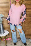 Knitted waffle pink & chiffon floral printed long sleeve women blouse GJQ15675 IS10