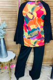 Plus size multicolor printed black ruffle raglan long sleeve women blouse GJQ15743 IS19