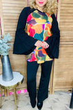 Plus size multicolor printed black ruffle raglan long sleeve women blouse GJQ15743 IS19