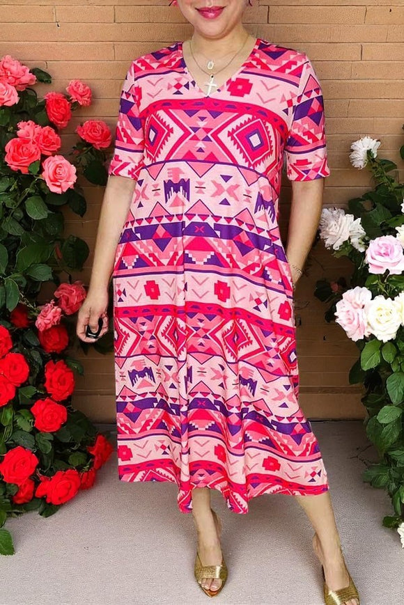 Bulk women's clothing Aztec printed short sleeve dress w/side pockets GJQ15744
