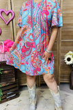 Plus size women's clothing wholesale Paisley prints & bell short sleeves & pocket GJQ15832