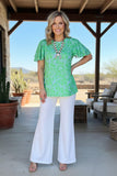 Western trendy print double ruffle sleeve green women boutique top GJQ15836