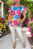 Buy women boutique clothes Floral multi color printed lace trim bell short sleeve top GJQ15907
