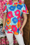 Buy women boutique clothes Floral multi color printed lace trim bell short sleeve top GJQ15907