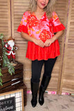 Pink floral printed & orange ruffle short sleeve baby doll women top GJQ15910 (IS8)