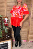 Pink floral printed & orange ruffle short sleeve baby doll women top GJQ15910 (IS8)
