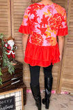 Pink floral printed & orange ruffle short sleeve baby doll women top GJQ15910 (IS8)
