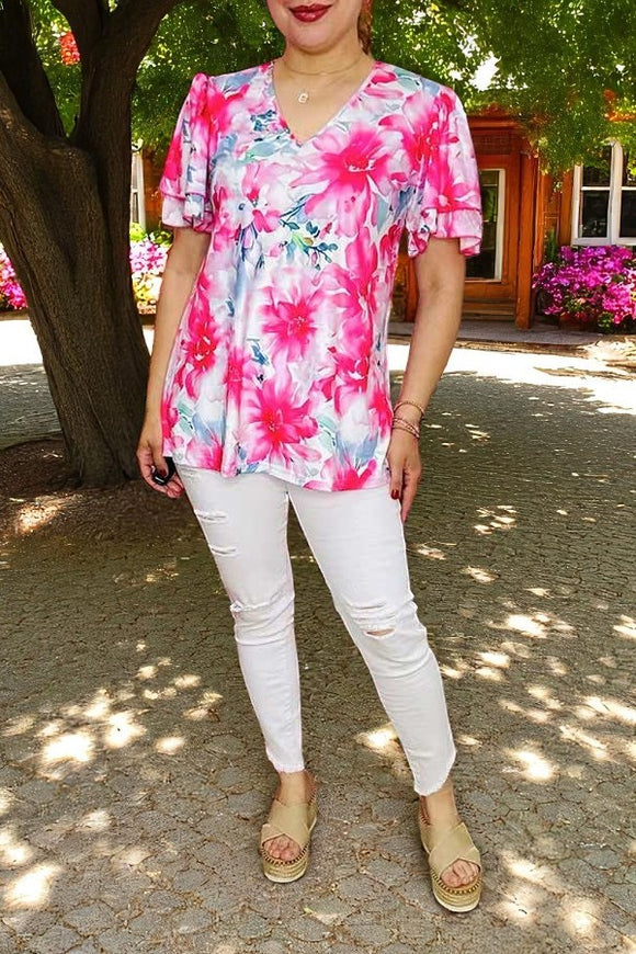 Women clothing suppliers Fuchsia floral prints & short sleeve w/double ruffle GJQ15934