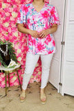 Women clothing suppliers Fuchsia floral prints & short sleeve w/double ruffle GJQ15934