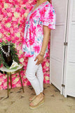 Women clothing suppliers Fuchsia floral prints & short sleeve w/double ruffle GJQ15934