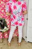 Women clothing suppliers Fuchsia floral prints & short sleeve w/double ruffle GJQ15934