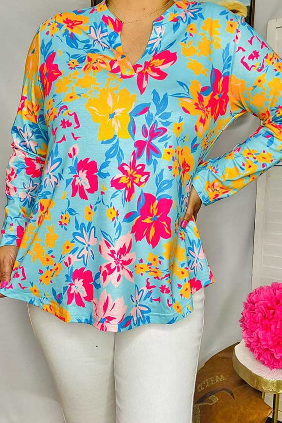 GJQ15989 Spring mint floral printed roll up long sleeve women's top