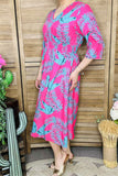 Womne's dress wholesale Fuchsia midi dress & 3/4 sleeve and pockets GJQ15990