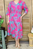 Womne's dress wholesale Fuchsia midi dress & 3/4 sleeve and pockets GJQ15990