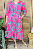 Womne's dress wholesale Fuchsia midi dress & 3/4 sleeve and pockets GJQ15990