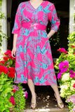 Womne's dress wholesale Fuchsia midi dress & 3/4 sleeve and pockets GJQ15990