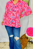 Women's top wholesaler pink floral & long sleeves & v-neckline GJQ16006