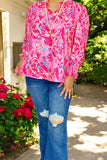 Women's top wholesaler pink floral & long sleeves & v-neckline GJQ16006