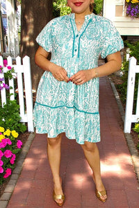 Women's dress suppliers turquoise paisley prints & trim & puff short sleeves GJQ16027