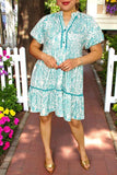 Women's dress suppliers turquoise paisley prints & trim & puff short sleeves GJQ16027