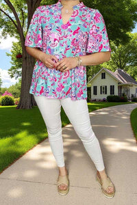 Wholesale women's clothes Pink & turquoise prints bell sleeve blouse GJQ16038