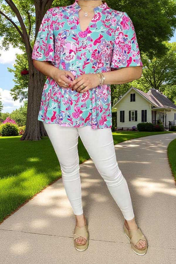 Wholesale women's clothes Pink & turquoise prints bell sleeve blouse GJQ16038