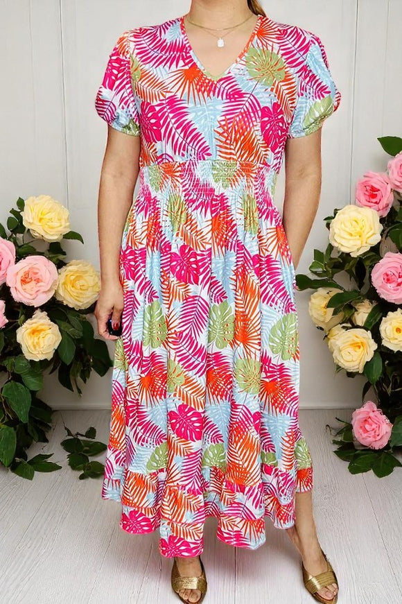 Shop online Women's maxi dress Multi color patterns prints & puff short sleeves GJQ16041