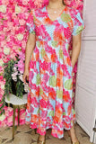Women's maxi dress suppliers Multi color patterns prints & puff short sleeves GJQ16041